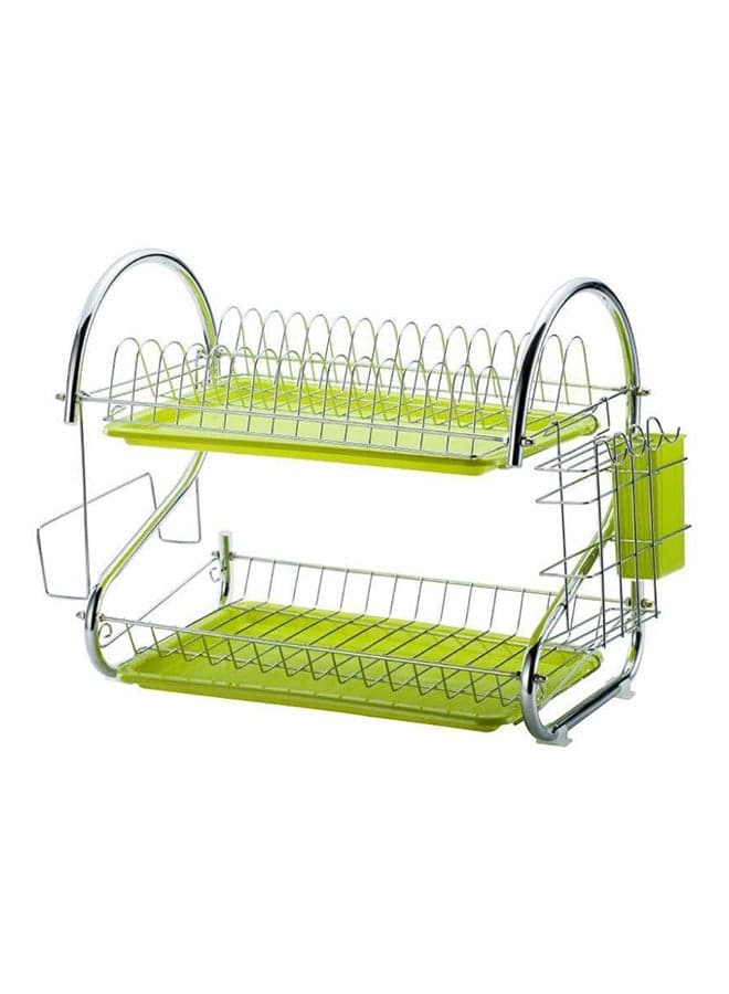 2-Tier Dish Drying Rack With Drain Board Silver/Green 37.5x25cm