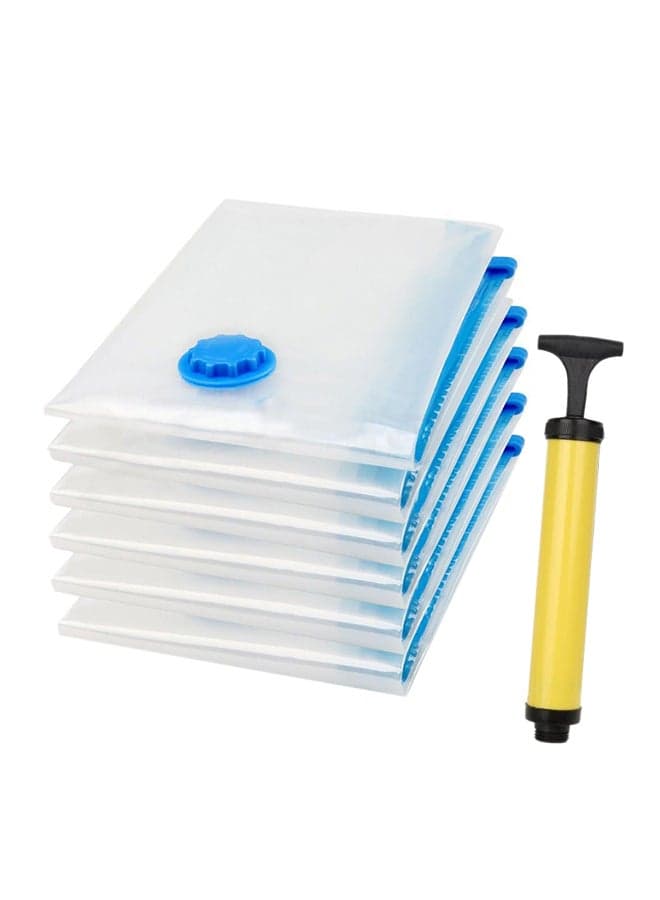 6-Piece Vacuum Reusable Sealer Storage Bag With Suction Pump Clear/Blue 50x70cm