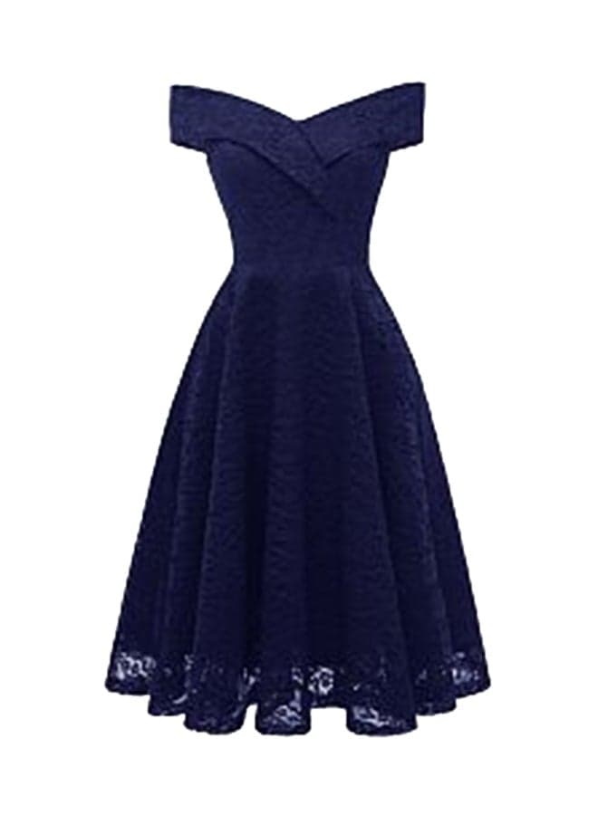 Embroidery Vintage Lace Off Shoulder Short Sleeve Dress Blue