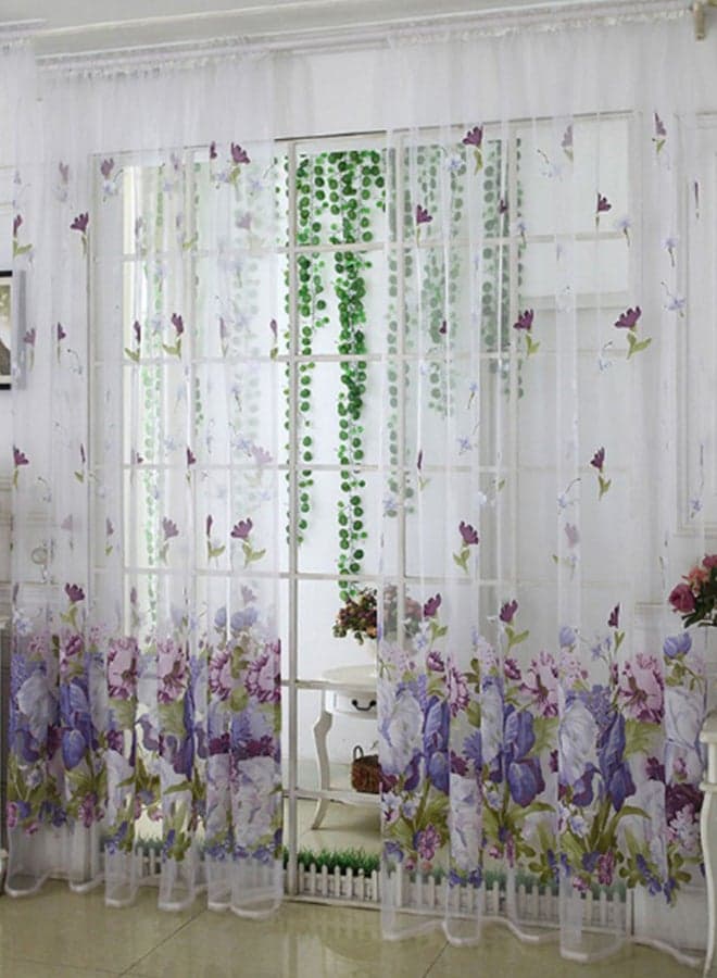 Floral Printed Transparent Window Curtain Purple/Clear 100 x 250cm