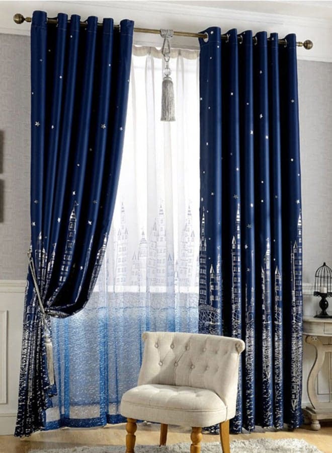 Castle Printed Blackout Curtain Navy Blue 100 x 250cm