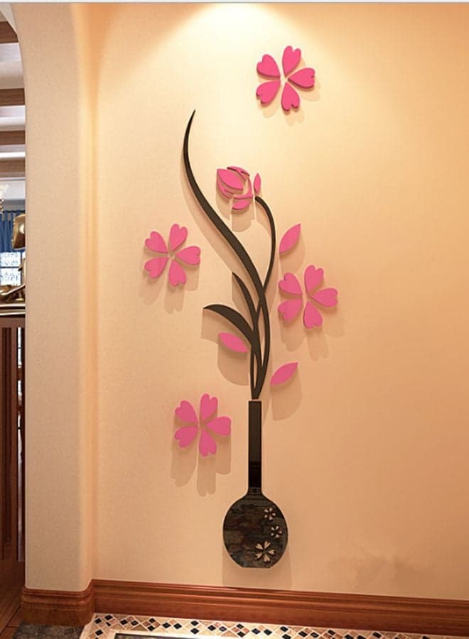 3D Flower Vase Acrylic Wall Sticker Black/Pink 39x100cm
