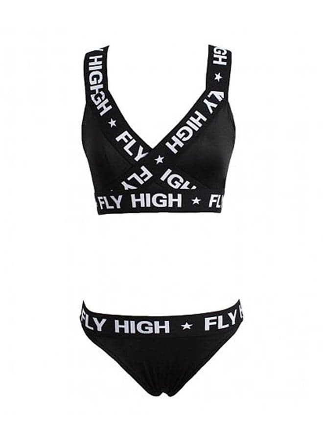 Letter Print Backless Bra And Panty Set Black