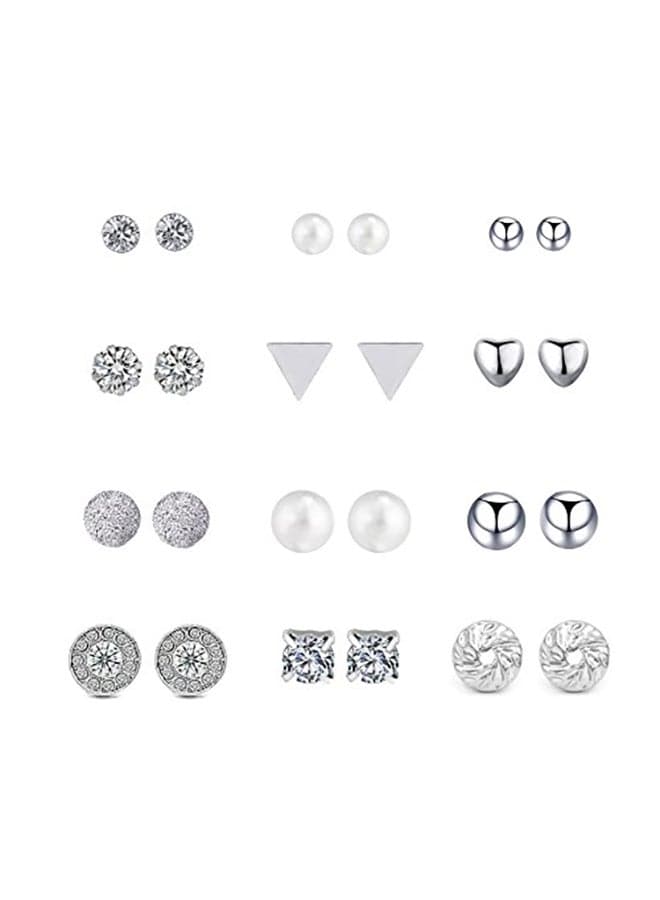 White Gold Plated Hypoallergenic Stainless Steel Fake Diamond Stud Earrings Set