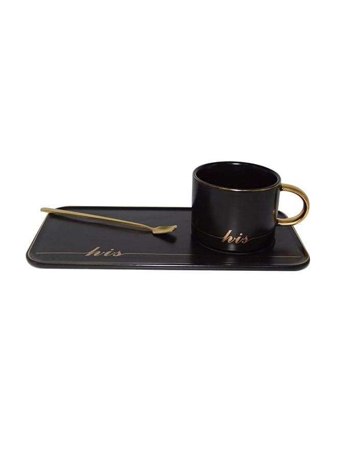 Ceramic Cup And Saucer Set With Spoon Black/Gold 25x13x8cm