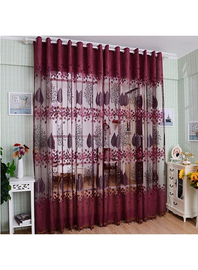 2-Piece Modern Room Leaf Floral Washable Window Curtain With Eyelets Red 200 x 100cm