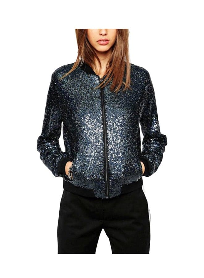 Long Sleeves Sequined Jacket Blue