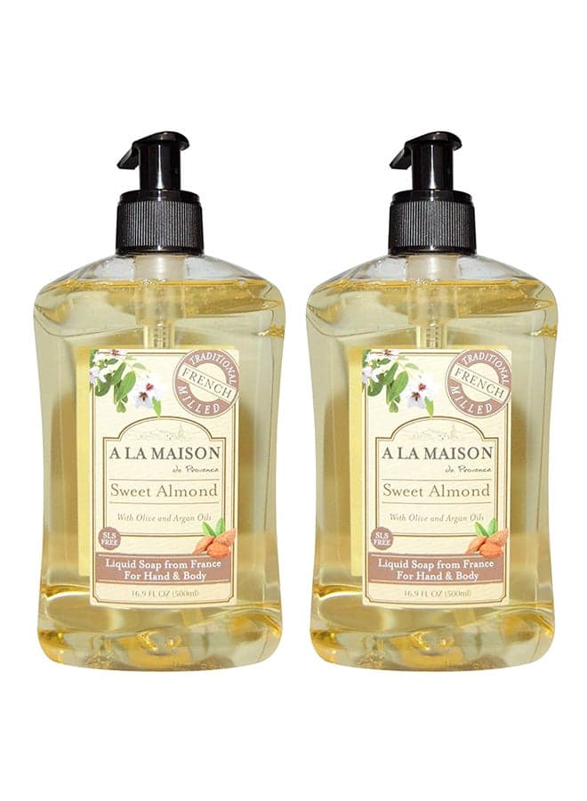 De Provence Sweet Almond Liquid Hand And Body Soap (Pack Of 2) With Coconut Oil, Argan Oil And Vitamin E, 16.9 Fl Oz Each