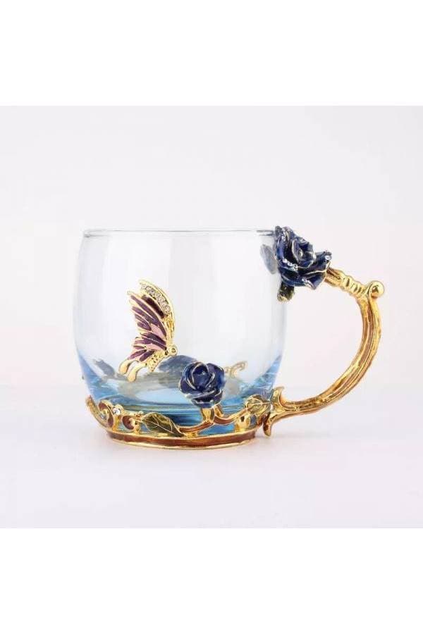 Enamel Rose Butterfly Crystal Glass Mugs Tea Coffee Mugs Glass Drinkware