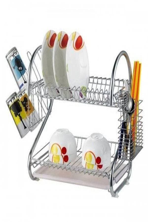 2-Layered Kitchen Dish Racks with Plastic Tray and Side Strainer