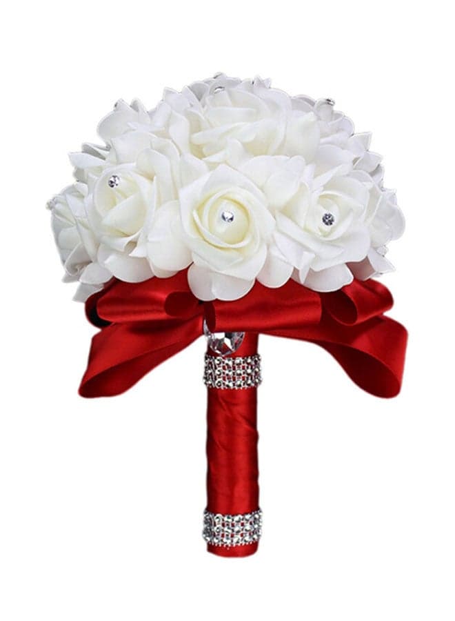 Crystal Studded Artificial Rose Flower Bouquet White/Red 25cm