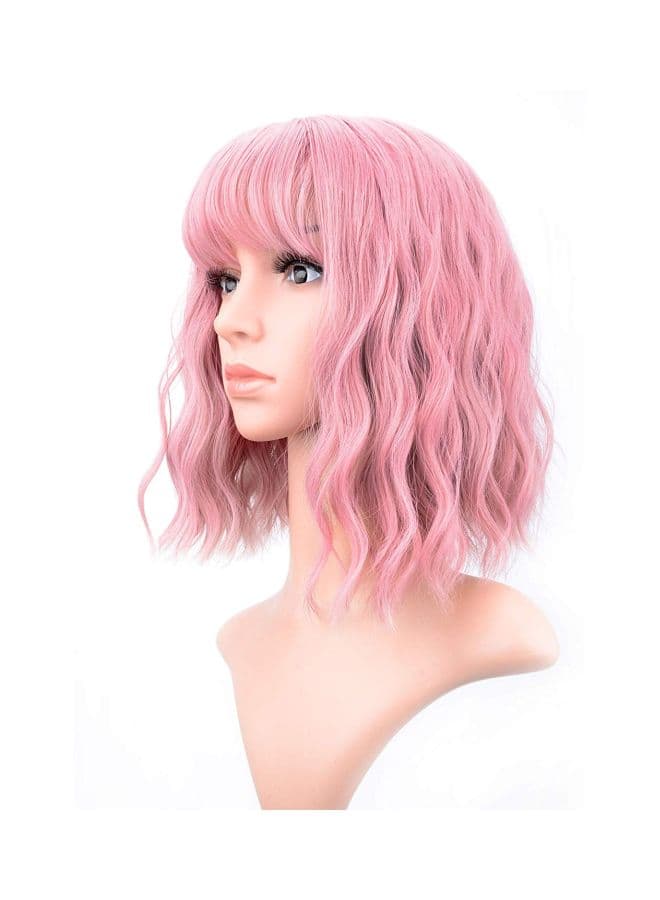 Short Bob Hair Wig With Air Bangs Pink 12inch