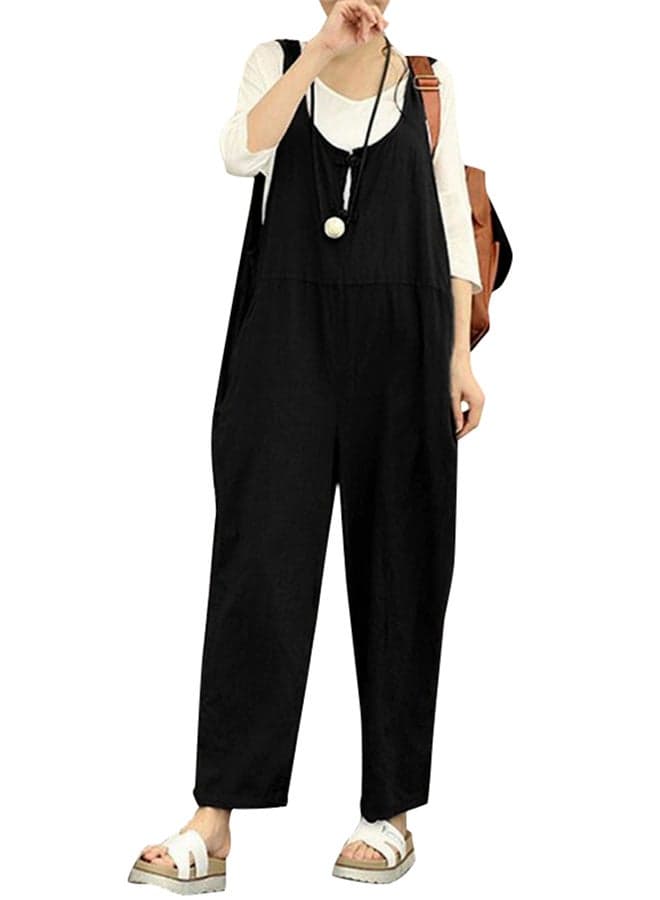 Summer Cotton Linen Rompers Jumpsuits Vintage Sleeveless Backless Overalls Strapless Playsuit Black