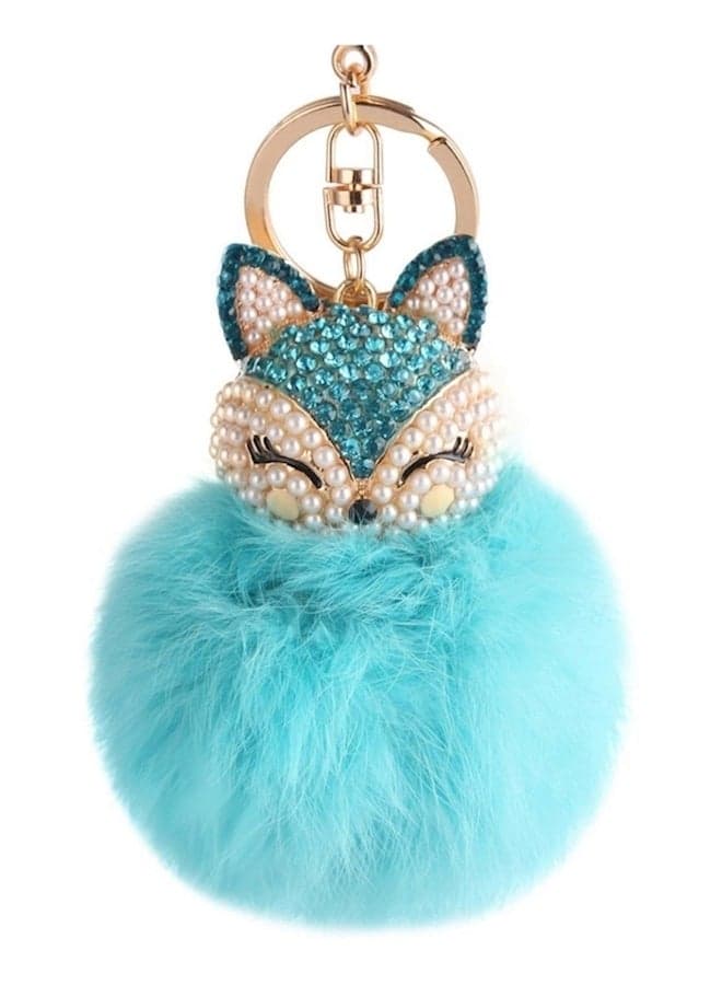 Real Fox Fur Ball With Artificial Fox Head Inlay Pearl Rhinestone For Bag Or Cellphone Blue Key Chain