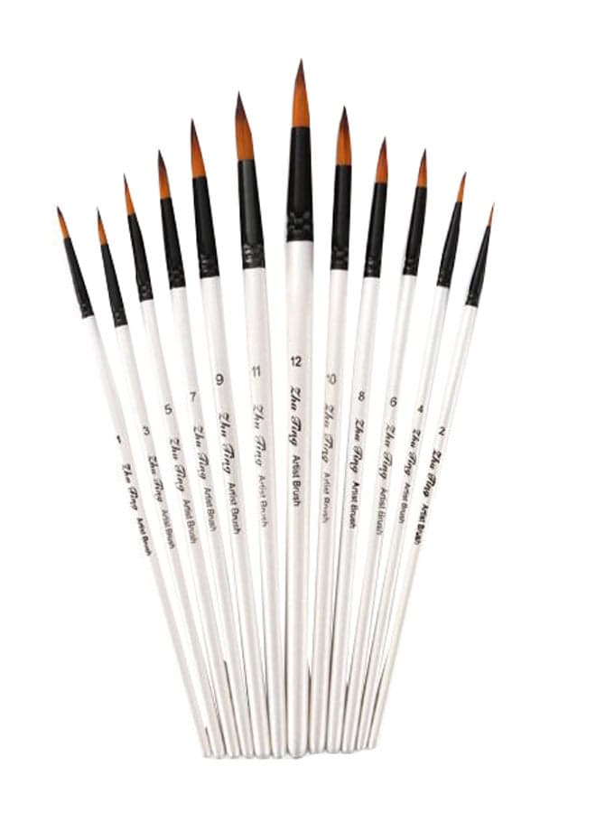 12-Piece Fine Art Long Handled Paint Brush Pearl White/Black