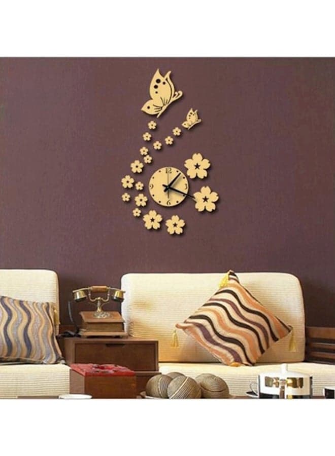 Butterfly And Flower Wall Clock 3D Acrylic Mirror Sticker Gold 41x70cm