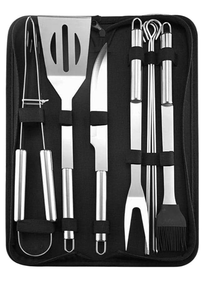 9-Piece BBQ Grill Tool Set Silver 35centimeter