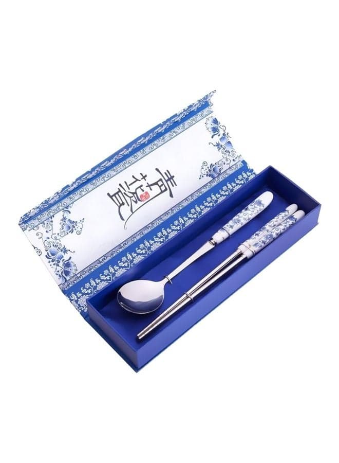 2-Piece Steel Chopsticks And Spoon Set Silver/White/Blue