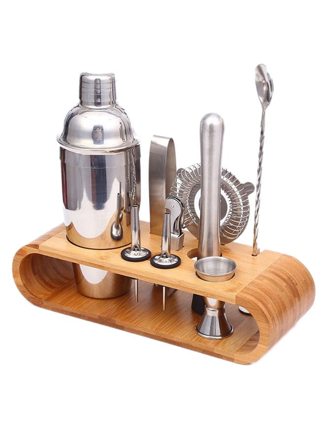 9-Piece Bartender Cocktail Shaker Set With Stand Silver/Brown 1000ml