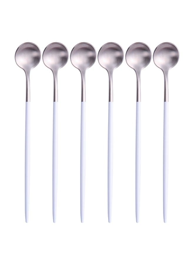 6-Piece Long Handle Iced Tea Spoon Set White/Silver 20centimeter