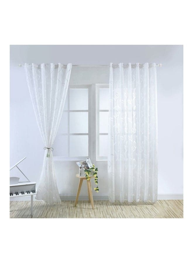 Leaf Printed Semi-shading Window Curtain White 79x40inch