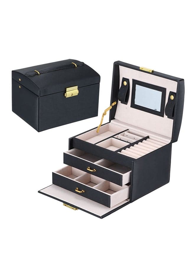 3 Layer Pu Leather Double Drawers Storage Case Black