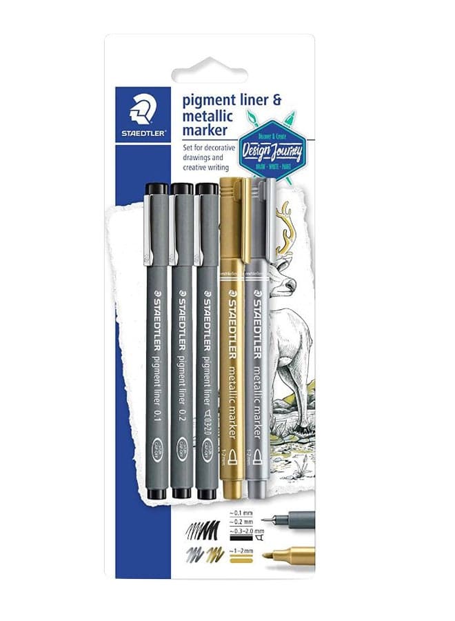 Pigment Liner And Marker Set, Pack Of 5 Black/Gold/Silver