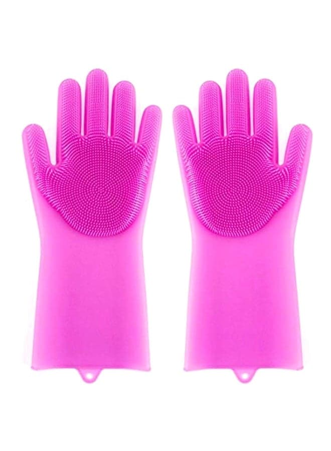 2-Piece Reusable Silicone Gloves With Wash Scrubber Rose Red 25x6inch