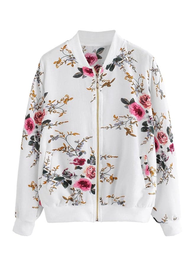 Floral Print Bomber Jacket White