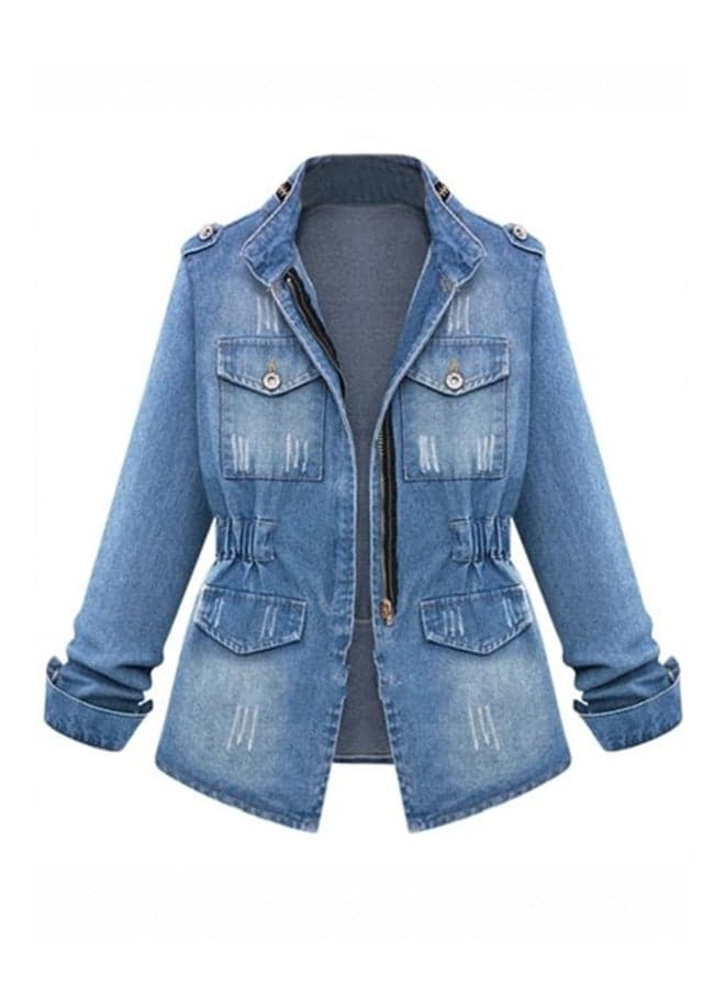Stand Collar Long Sleeve Pocket Denim Jacket Blue