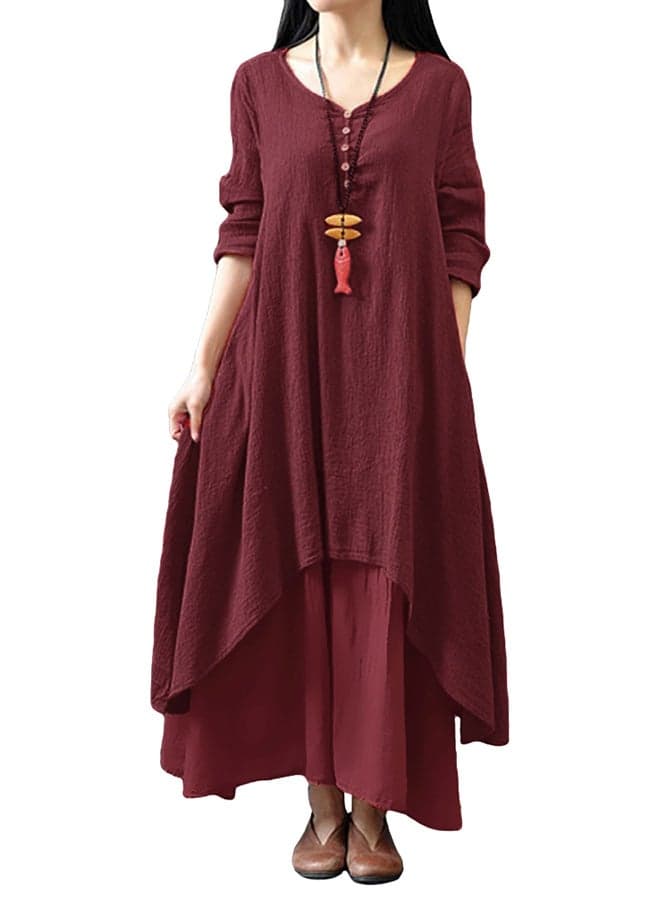 Long Sleeve Boho Maxi Dress Burgundy