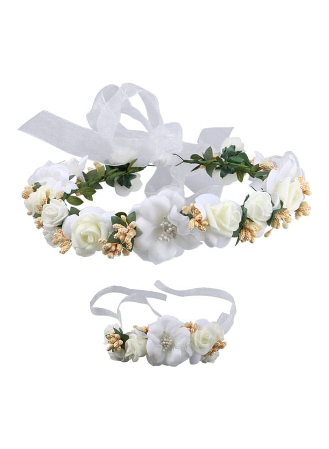 2-Piece Floral Crown Headband With Wrist Band Set White/Beige/Green