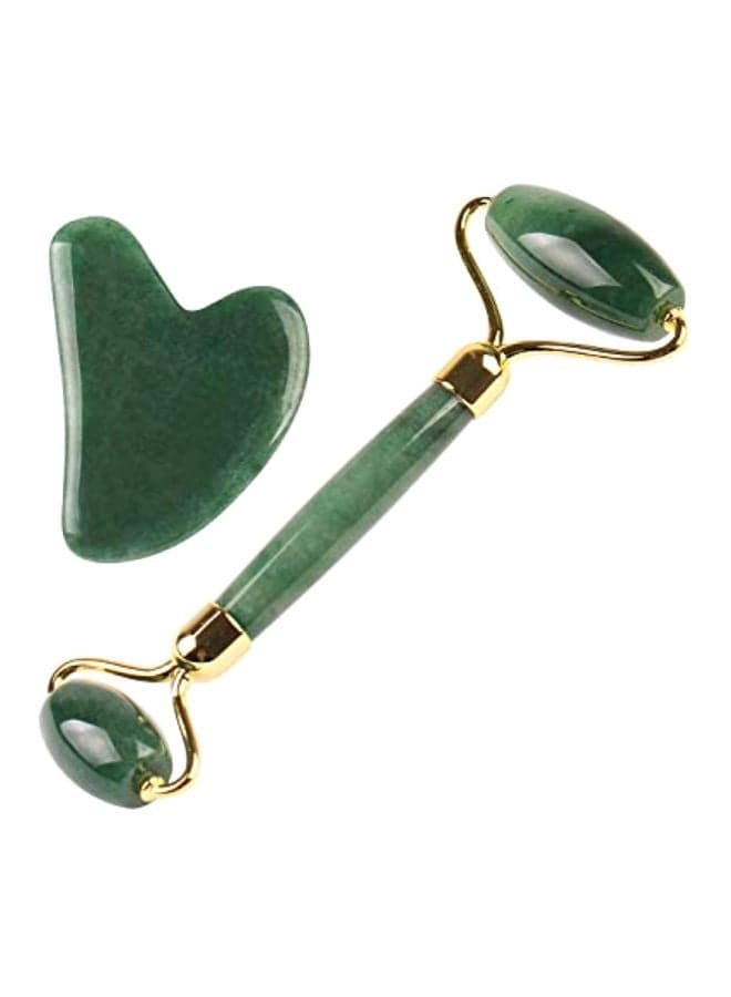 Jade Facial Roller With Gua Sha Board Green/Gold