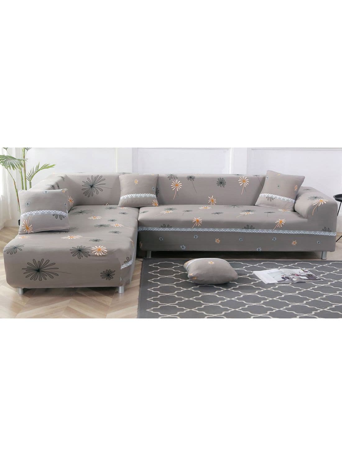 Floral Pattern Sofa Slipcover Grey/White/Orange 90 x 140cm