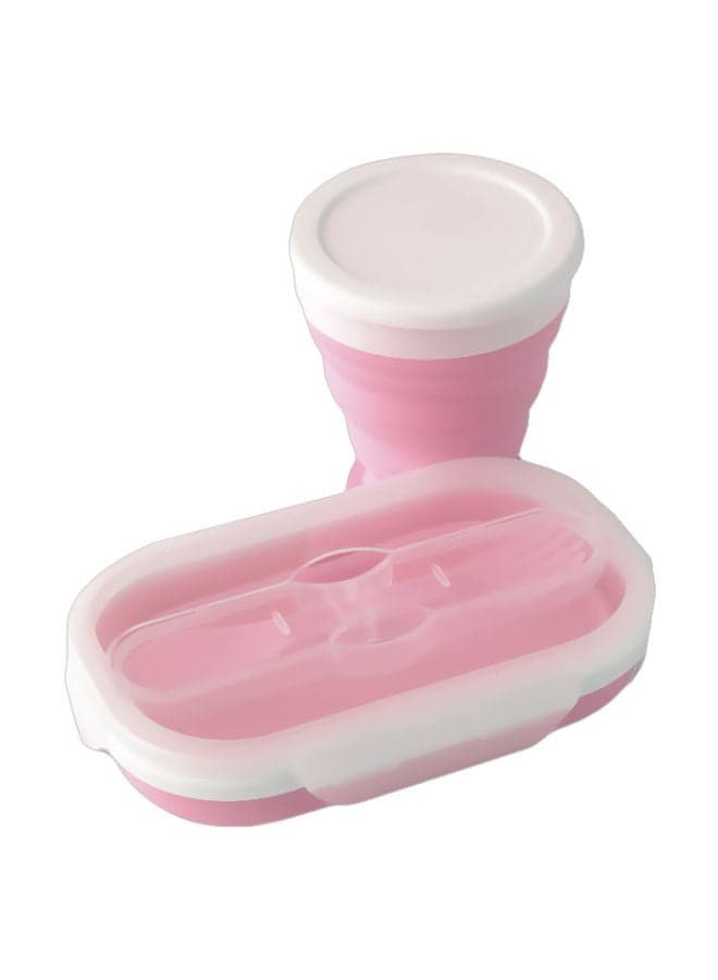Collapsible Silicone Lunch Box With Cup Pink/White