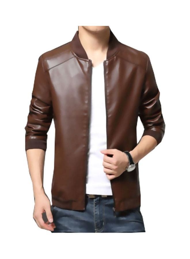 Long Sleeves Leather Jacket Brown