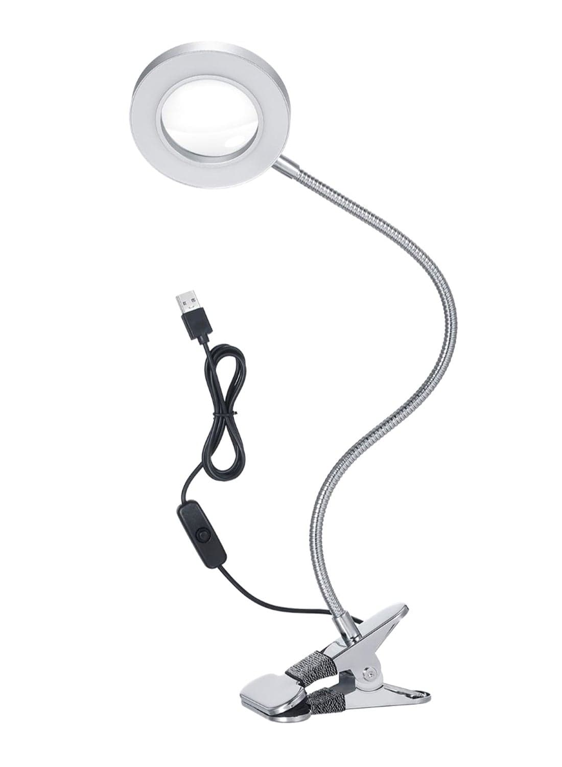Clip-On Magnifying Glass Desk Lamp Silver/White
