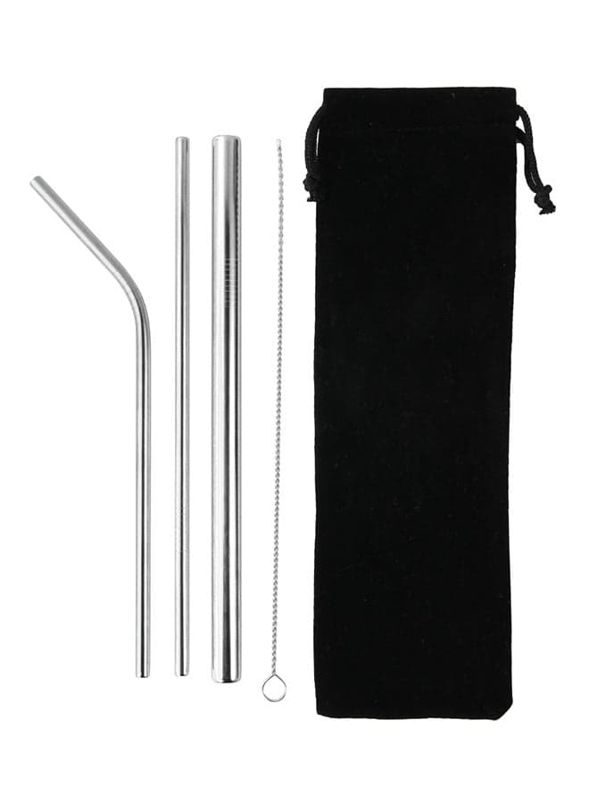 3-Piece Reusable Straw Set With Cleaning Brush And Bag Silver/Black