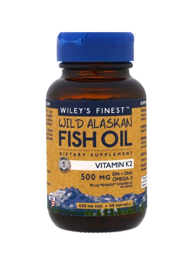 Wild Alaskan Fish Oil, Vitamin K2 500mg Dietary Supplement - 60 Softgels