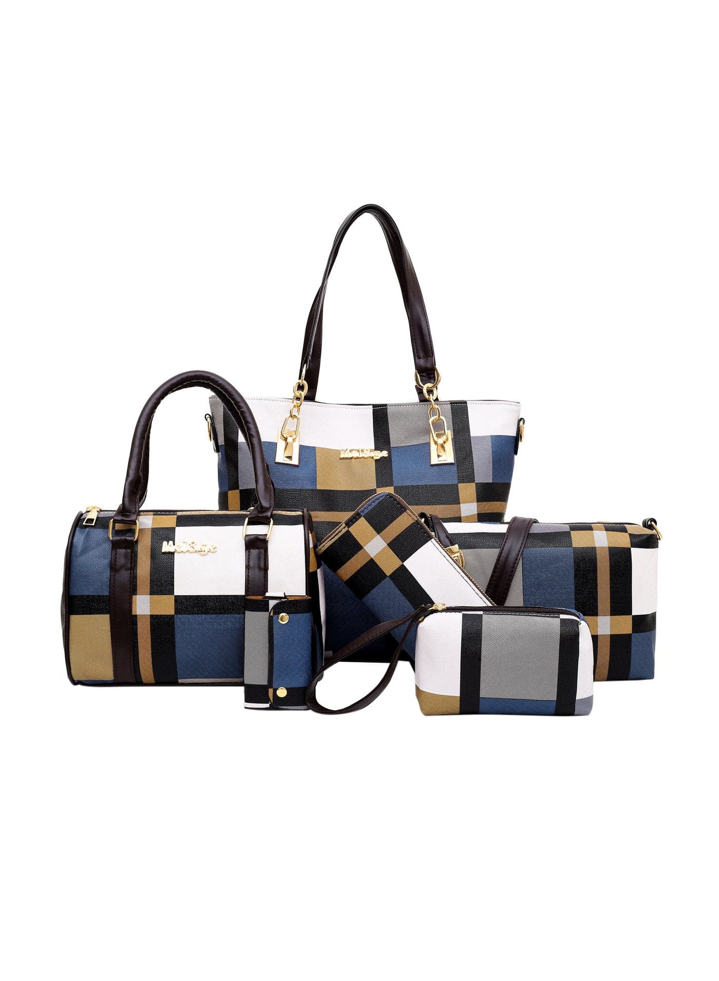 6-Piece Lattice Texture Handbag Set Blue/Black/White