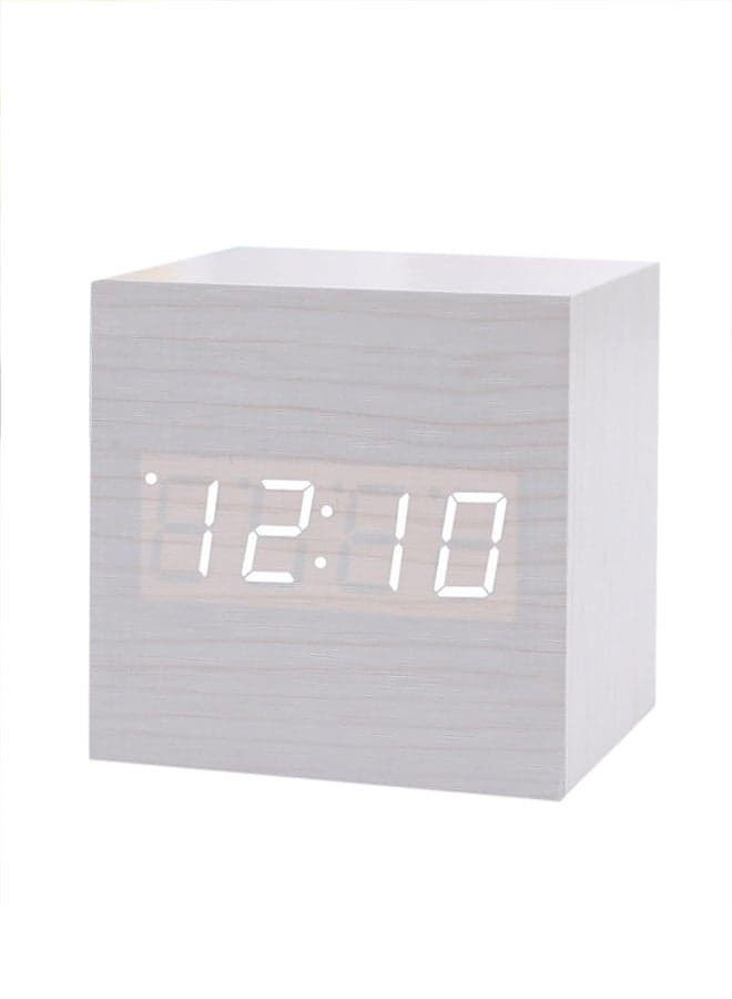 Sound Control Wooden Square LEd Alarm Clock White Wood 6x6cm