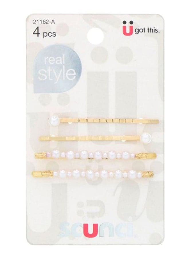 4-Piece Real Style Pearl Fitted Bobby Pin Set White/Gold