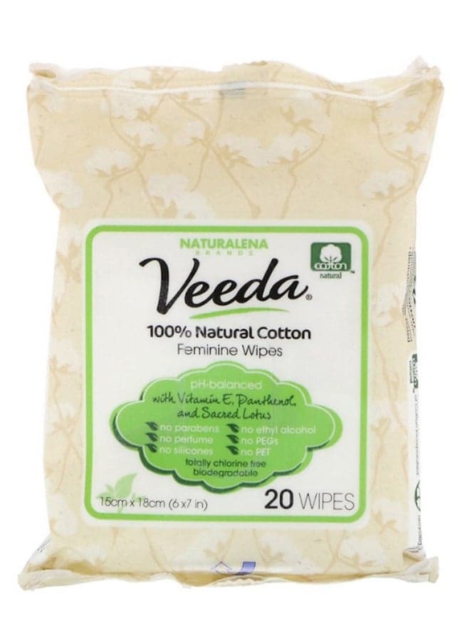 Pack Of 20 Natural Cotton Feminine Wipes 15 x 18cm