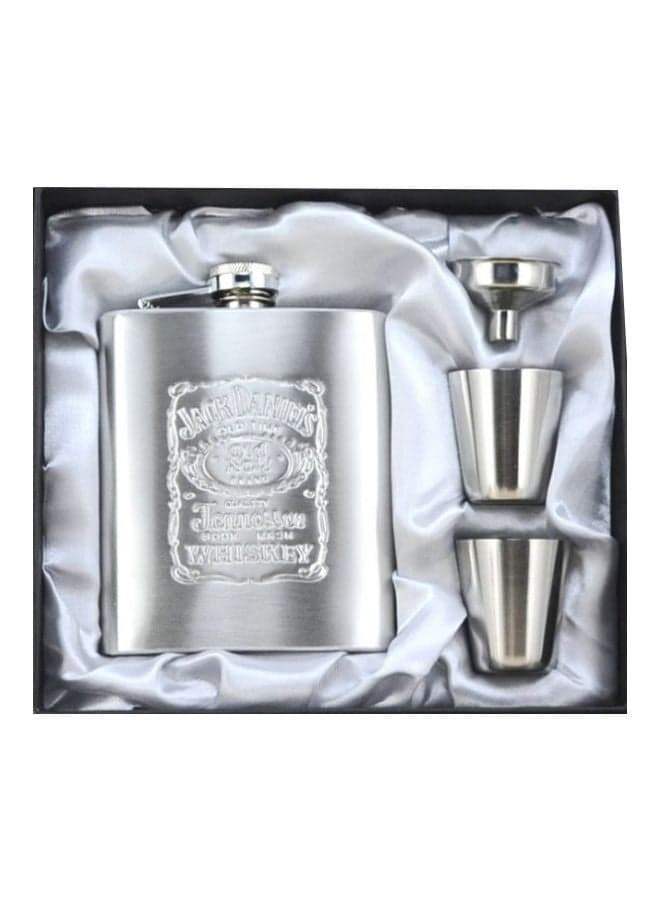 Jack Daniels Gift Set with Flask Shot Glasses & Funnel Stainless Steel In Box 7oz Silver