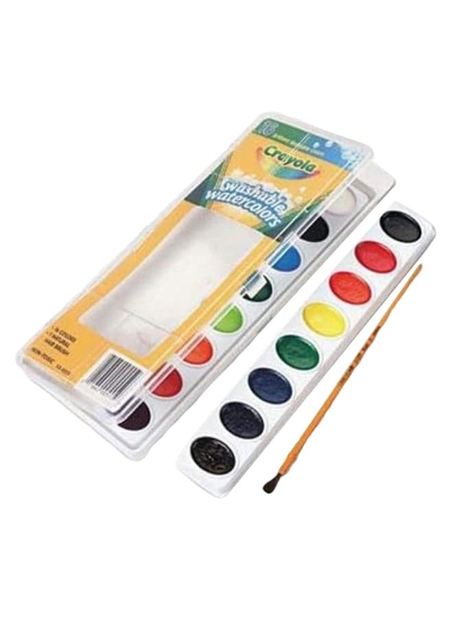 16-Shade Washable Watercolor Set With Brush Blue/Yellow/Red