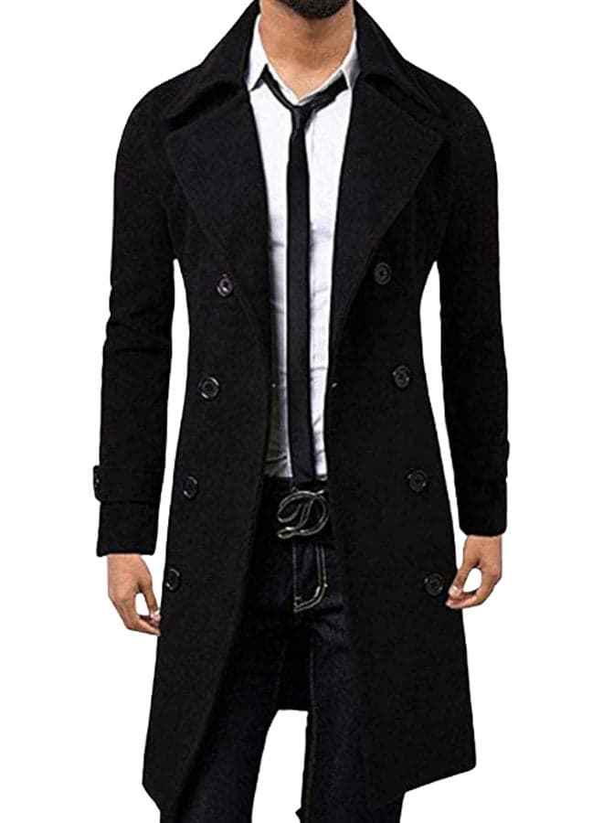 Double Breasted Turn Down Collar Slim Woolen Overcoat Black