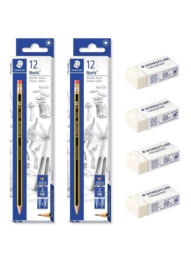 28-Piece Noris Pencil And Eraser Set White/Yellow/Black
