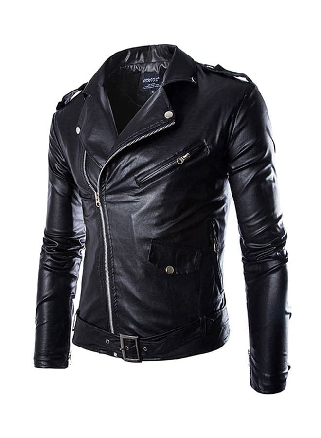 Locomotive PU Lapel Leather Jacket Black