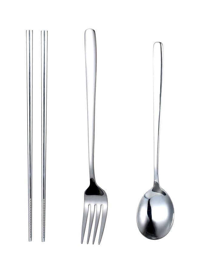 4-Piece Stainless Steel Flatware Set With Storage Case Silver Chopsticks(21x0.8),Spoon(20.8x4x0.2),Fork(20.5x2)