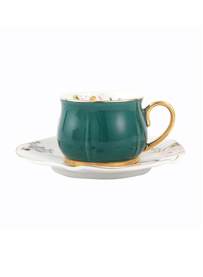 Gold Handle Five Leaf Ceramic Cup And Saucer Green/White 115ml